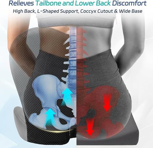 Back and Seat Cushion for Office, Back & Tailbone Pain Relief, Raised Cushion for Lumbar and Butt, Double-Sided Anti-Slip, Improves Sitting Posture, Ergonomic Memory Foam Lumbar Cushion