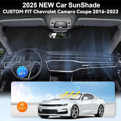 for Chevy Camaro Coupe 2024 Windshield Sun Shade Foldable Sunshade for Chevrolet Camaro Coupe 2016-2024 2025 Windshield Cover 210T Reflective Front Window Protector Blocks UV Sun Visor Car Accessorie