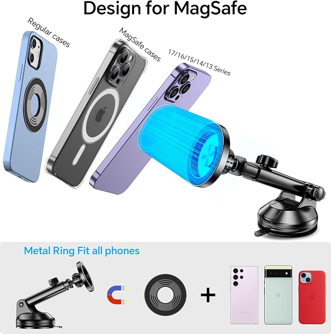 Coolpow for MagSafe Car Mount【Windshield+Vent+Dash】Magnetic Phone Holder for Car Phone Holder Mount Cell Phone Holders for Your Car Accessories Suction Phone Mount for Car Truck Stand for iPhone 17 16