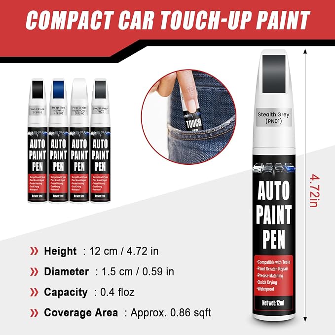 Touch Up Paint for Cars (Stealth Grey PN01), Compatible with Tesla Model Y/3/X/S, 0.4 fl oz Color Accurate 2-in-1 Car Paint Scratch Repair Pen, Easy to Use, Fast-Drying, Long-Lasting