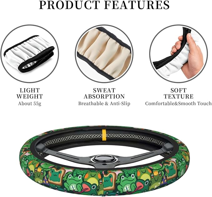 Green Frog Steering Wheel Cover for Women,Universal Auto Steering Wheel 14-15 Inch Car Interior Accessories with 2PCS Car Coasters,Suitable for Men and Women
