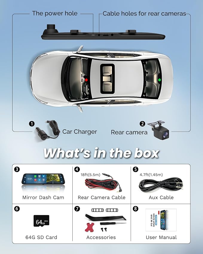 4K Rear View Mirror Camera with Carplay&Android Auto,12" Mirror Dash Cam Front and Rear with Voice Control for Cars&Trucks,Smart Touch Screen,64GB Card Included/Loop Record/Reverse Assist