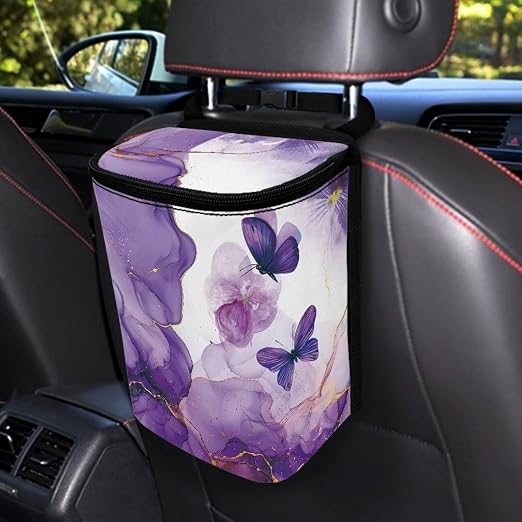Talayituse Purple Marble Butterfly Print Car Trash Can with Lid, Leak Proof Auto Trash Bag Hanging Vehicle Garbage Can Multipurpose Storage Container for Back Seat Road Trip