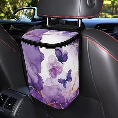 Talayituse Purple Marble Butterfly Print Car Trash Can with Lid, Leak Proof Auto Trash Bag Hanging Vehicle Garbage Can Multipurpose Storage Container for Back Seat Road Trip