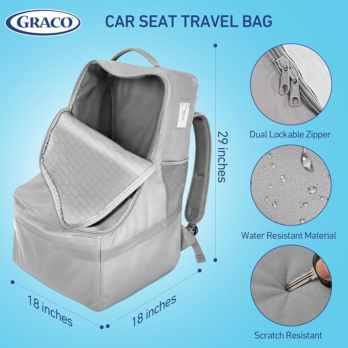 Graco Padded Car Seat Travel Bag & Infant Carrier Backpack, Durable Large Back Pack for Carseats & Booster Seats, Airport Gate Check Bag Luggage, Double Padded Strap, Water Resistant Material, Gray