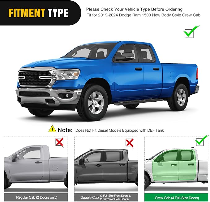 Nilight Running Boards for 2019 2020 2021 2022 2023 2024 2025 2026 Dodge Ram 1500 New Body Style Crew Cab 4 Full Size Doors 6 Inch Side Step Nerf Bars Black