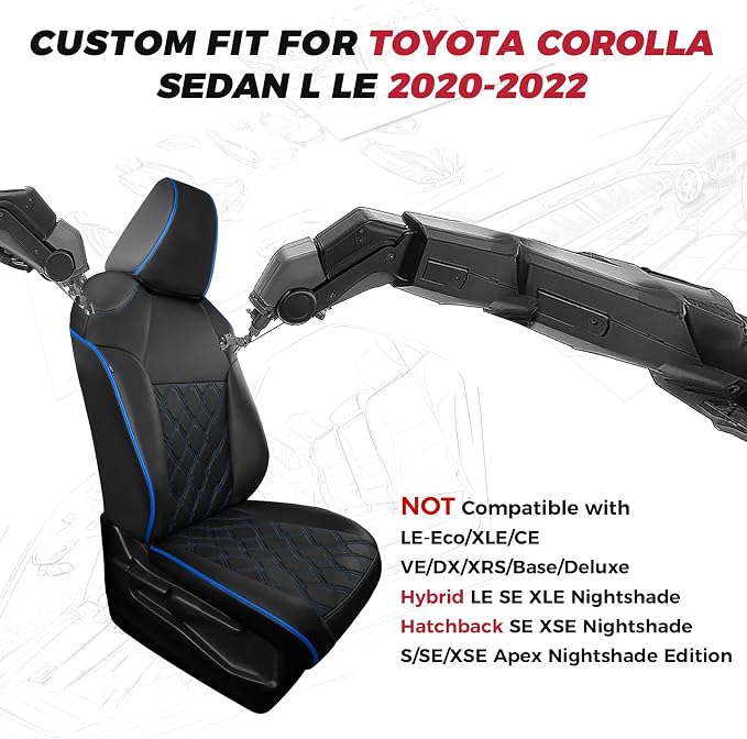 FREESOO for Toyota Corolla Seat Covers L LE 2020 2021 2022, Luxury Leather Seat Covers for Cars, Custom Fit Car Seat Covers, Waterproof Car Seat Cover Cushions Protector, Black Blue Full Set