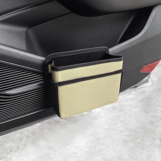Car Trash Can, Foldable Multifunctional Hanging Storage Box Trash Can with a Roll of Garbage Bag, Multi Pocket Design Suitable for Car, Home, and Office Car Trash Cans (Beige)