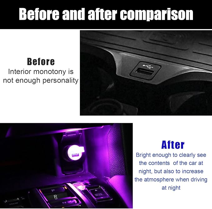 5 PCS USB LED Car Interior Atmosphere Lamp, Portable Mini LED Night Light, Plug-in USB Interface Trunk Ambient Lighting Kit, Universal Interior Car Accessories (Blue+Red+Ice Blue+White+Purple)