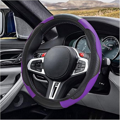 Car Steering Wheel Cover, 15 Inch Carbon Fiber Leather Elastic Steering Wheel Protector, Anti-Slip, Breathable & Soft Car Interior Accessories Universal for Most Cars, Men & Women (Purple)