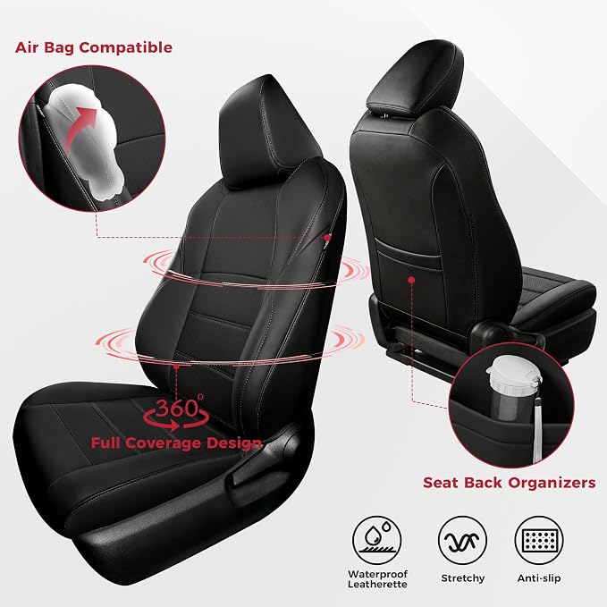 FREESOO RAV4 Seat Covers Full Set Custom Fit for Toyota Rav4 2021-2024 Prime SE,XSE & 2019-2025 Hybrid/PHEV SE,XSE Faux Leather Car Seat Cover, Airbag Compatible, Black