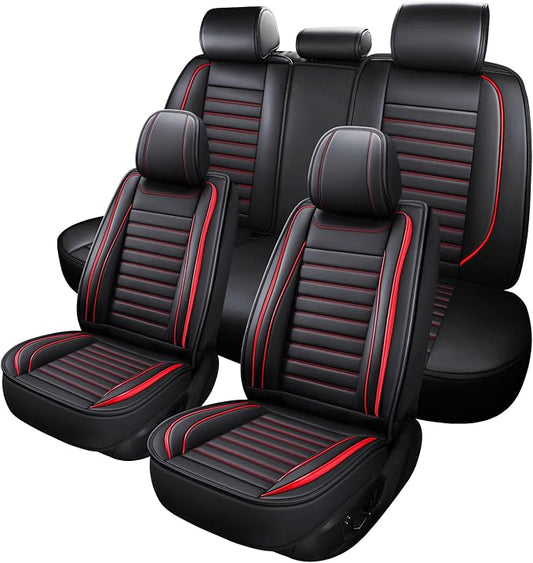 MINGBRON Leather Car Seat Covers Full Set, Universal Faux Leather Car Seat Covers 5 Seats, Automotive Seat Covers for Most Sedans SUVs Trucks, Front and Rear Seat Covers,Wine Red