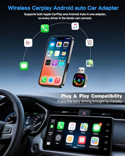 Jasput Carplay Wireless Adapter, 2026 Upgrade Mini Carplay for Apple iPhone & Android Auto Wireless Adapter, for Cars with Built-in Wired Apple Carplay Play and Plug, Stable Control & No Delay