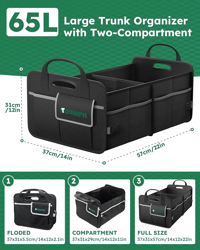 2-Compartment Trunk Organizer & Multi-Compartment Storage Box 600D Waterproof Oxford, with Reflective Strips and 8 Side Mesh Pockets for SUV, Sedan, Minivan- Heavy-Duty Car Organiser(65L)