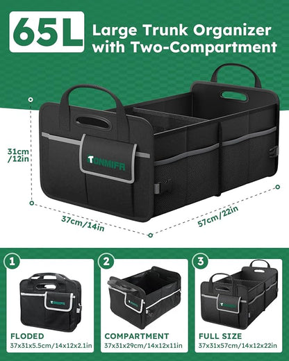 2-Compartment Trunk Organizer & Multi-Compartment Storage Box 600D Waterproof Oxford, with Reflective Strips and 8 Side Mesh Pockets for SUV, Sedan, Minivan- Heavy-Duty Car Organiser(65L)