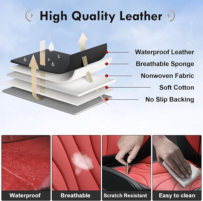 Coverado Seat Covers Full Set, Leather Car Seat Covers, Waterproof Seat Covers for Cars, Front and Back Seat Covers, Car Seat Protectors Car Seat Cushions Universal Fit for Most Cars, Black&Red
