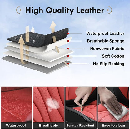Coverado Seat Covers Full Set, Leather Car Seat Covers, Waterproof Seat Covers for Cars, Front and Back Seat Covers, Car Seat Protectors Car Seat Cushions Universal Fit for Most Cars, Black&Red