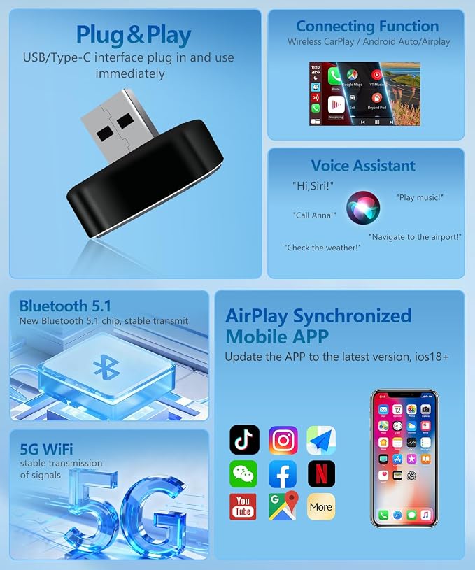 VQU 3 in 1 Mini Wireless Carplay Adapter for Phones, Carplay/Android Auto for Adapter, Bluetooth 5.0,Plug & Play,USB/Type-C Connection,iOS10+ / Android 11 (Black)
