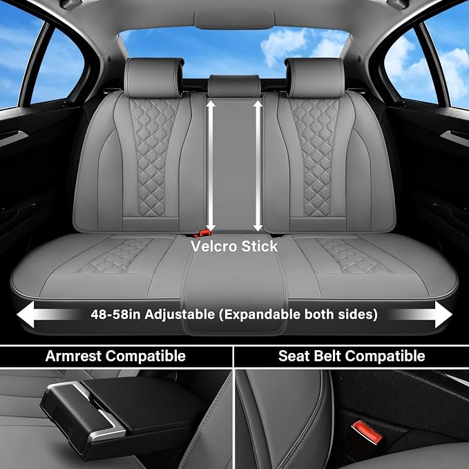 Coverado Leather Seat Covers, Car Seat Covers Full Set, Perforated Diamond Leather Car Seat Cover, Waterproof Car Seat Protector Seat Cushion, Universal 5 Seats Seat Cover Fit for Most Cars, Gray