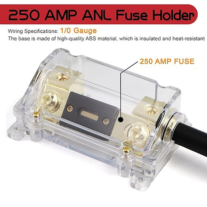 0 Gauge AMP Wiring Kit OFC,3000W Car Audio Amp Install Kit with 250A ANL Fuse Holder, RCA Cable, Speaker Wire & Ring Terminals for Complete 1/0 OFC Subwoofer Amp Wiring kit
