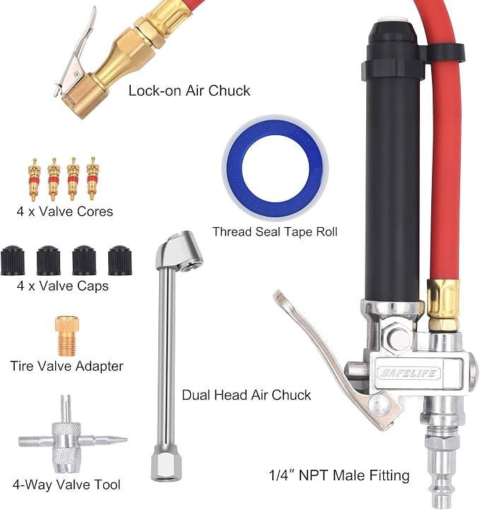 Tire Inflator 10-120 PSI Tire Pressure Gauge with 12 Inch Air Hose，Lock on Air Chuck, Heavy Duty 1/4'' NPT Tire Inflator Gauge Compatible with Air Pump Compressor for Car Truck Motorcycle Bike