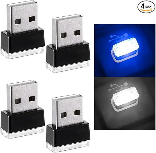 Augeny 4 PCS USB LED Car Interior Atmosphere Lamp, Plug-in USB Decor Night Light, Portable Auto Ambient Lighting Kit, Universal Vehicle Interior Accessories for Most Cars (White & Blue)