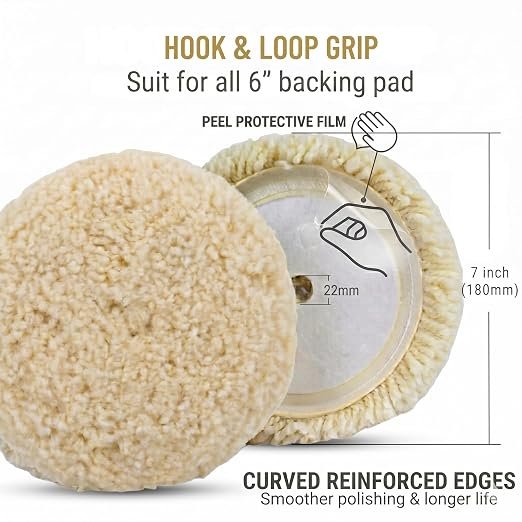 Woolous 7 Inch Wool Buffing Pads for Cars, Boats and Metal | 100% natural lambswool. Hook & loop backing. Ideal for buffing, cutting, compounding and polishing paint.