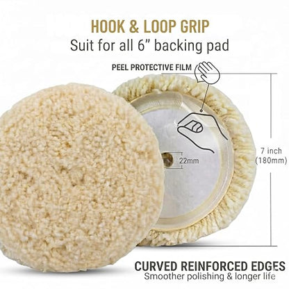 Woolous Wool Buffing Pads 7 Inch, 3 Pack - 100% Natural Wool Pads for Buffing, Polishing & Compounding Cars, Boats, Trucks, RVs, Motorcycles & Metal Surfaces - Hook & Loop for Quick Attachment