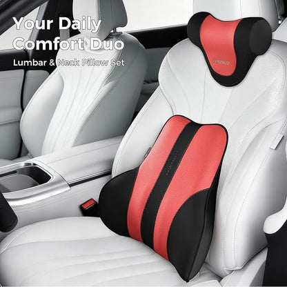 Coverado Car Headrest Pillow, Ergonomic Memory Foam Car Neck Pillow for Driving Seat with Adjustable Strap, Soft PU Leather Breathable Removable Cover Neck Support for Neck Pain Relief, BlackRed