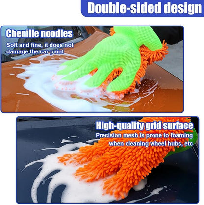 2PCS Car Wash Mitts, Double Sided Chenille Microfiber Dusting Gloves with 5-Finger Design, Anti-Scratch Auto Interior Exterior Detailing Mitt for Cleaning Wheel Tight Spot (Orange)