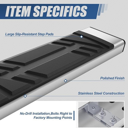 Auto Dynasty Running Boards Compatible with 2018-2023 GMC Acadia, Stainless Steel Side Step Rail Nerf Bars, 6.5" x 73" Step Bars, Polished Chrome