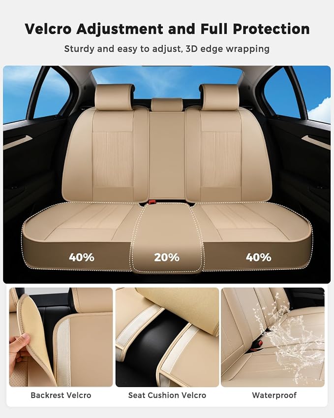 Huidasource Beige Back Seat Cover, Luxury Faux Leather Car Back Seat Cover, Velcro Adjustable, Compatible with Child Seat, Perforation Cooling＆Heating, Universal Fit for Most Cars Vans, Trucks, SUVs