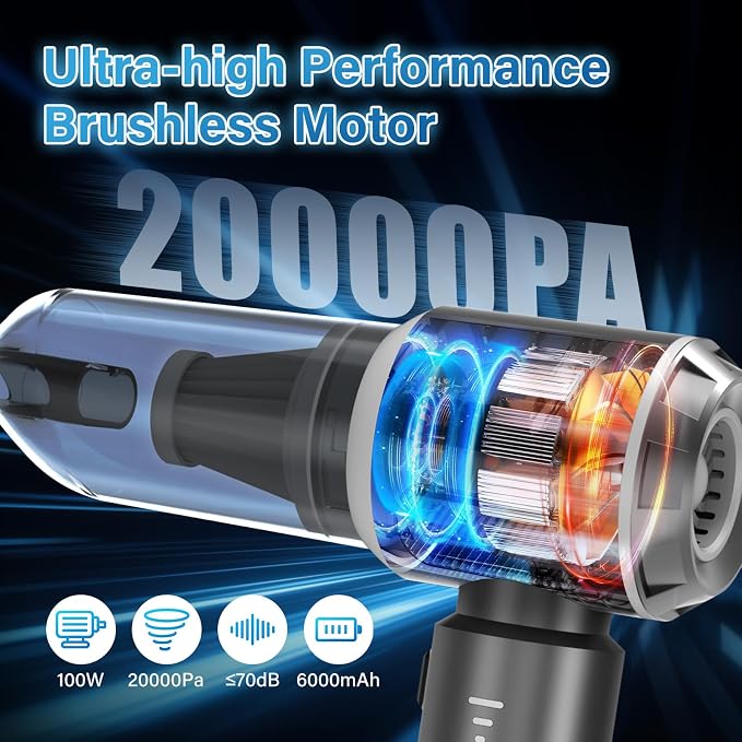 4-in-1 Car Vacuum Portable Cordless & Dust Buster, 20000pa High Power Handheld Vacuum Cordless Rechargeable, Mini Vacuums with 3 Reusable Filter, Vacuum Cleaner for Car Home Office & Pet(Silver Gray)