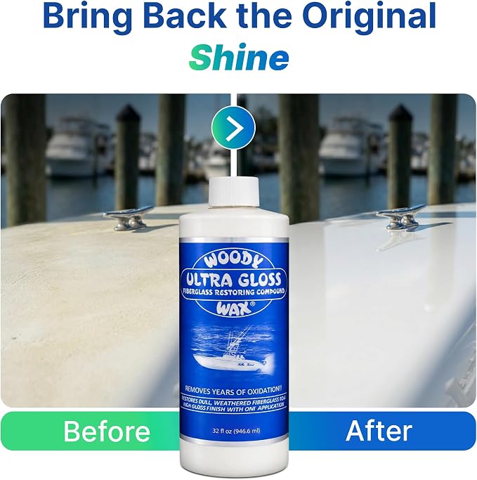 Woody Wax Ultra Gloss Restoring Compound, Professional-Grade Fiberglass Restoration & Oxidation Remover for Boats & Yachts, Diminishing Micro-Abrasive Formula for High Gloss Gel Coat Finish, 32 oz