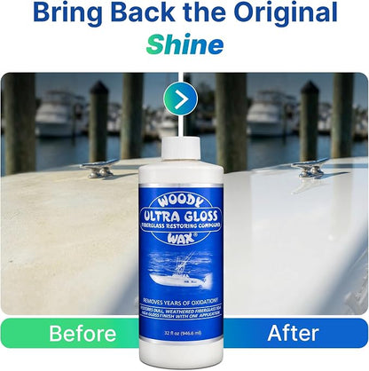 Woody Wax Ultra Gloss Restoring Compound, Professional-Grade Fiberglass Restoration & Oxidation Remover for Boats & Yachts, Diminishing Micro-Abrasive Formula for High Gloss Gel Coat Finish, 32 oz