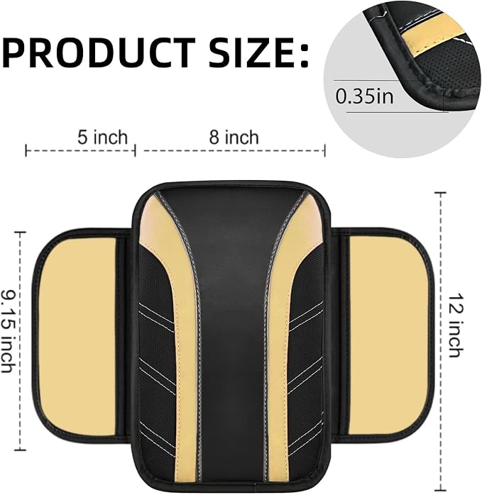 NBTEPEM 6 Pcs Beige Car Accessories Set, Sport Leather Steering Wheel Cover 14.5-15inch Universal, Microfiber Leather Car Center Console Cover, Seat Belt Cushion, Cup Holder Coaster (Black-Beige)