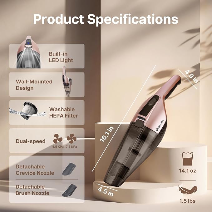 Shop-Vac S1 12V Handheld Vacuum Cordless, Dual-Speed Powerful Portable Car Vacuum Rechargeable, Wall-Mounted Lightweight Hand Vacuum for Home & Car, LED Illumination, HEPA Filter, Champagne Gold