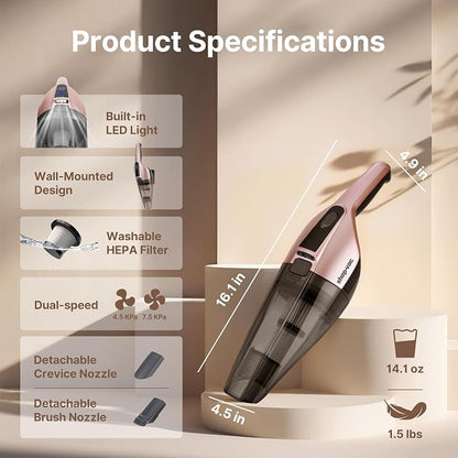 Shop-Vac S1 12V Handheld Vacuum Cordless, Dual-Speed Powerful Portable Car Vacuum Rechargeable, Wall-Mounted Lightweight Hand Vacuum for Home & Car, LED Illumination, HEPA Filter, Champagne Gold