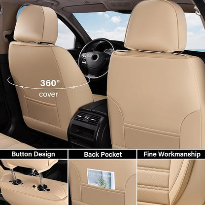 Car Seat Covers Full Set, Beige Seat Covers for Cars, Automotive Seat Covers, Waterproof Nappa Leather Front Seats and Back Car Seat Protector, Universal Fit for Most Cars SUV Trucks