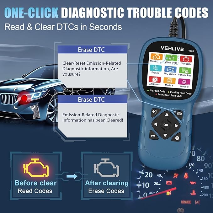 V860 Scanner for Car and Trucks,OBD2 Diagnostic Tools and Code Reader for Engine Check,Battery Test, O2 Sensor and EVAP Leak for Annual Check Readiness,Printable Export,Vehicle After 1996