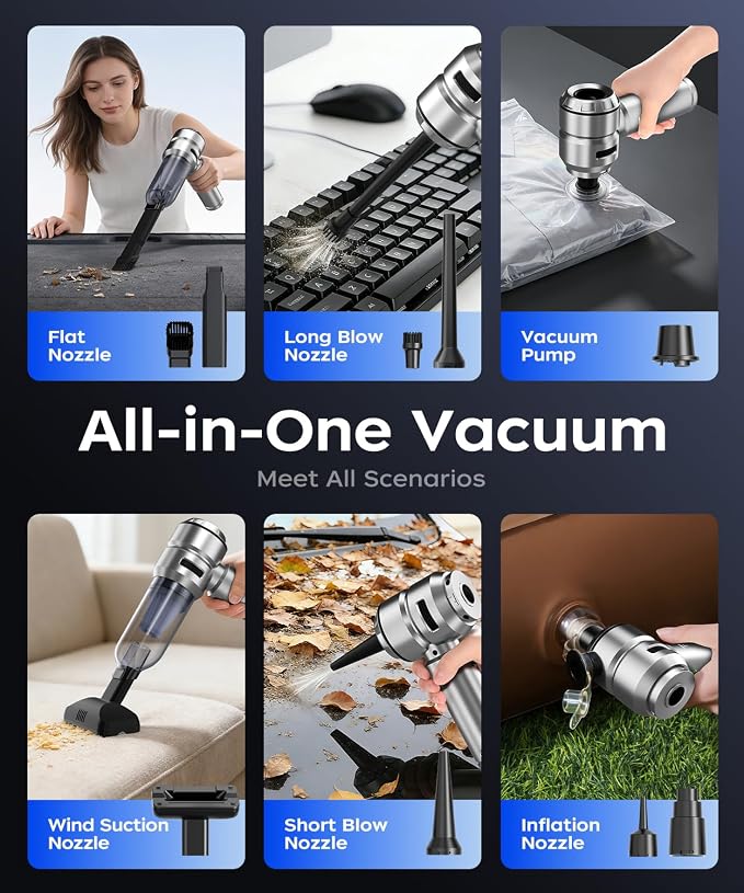 VNOST Car Vacuum,3 Suction Modes,Portable Mini Cordless Cleaner with 50000pa Suction Power,Type-C Charge,Handheld Vacuum for Home,Car,Birthday Gifts for Men Dad Husband (Silver)