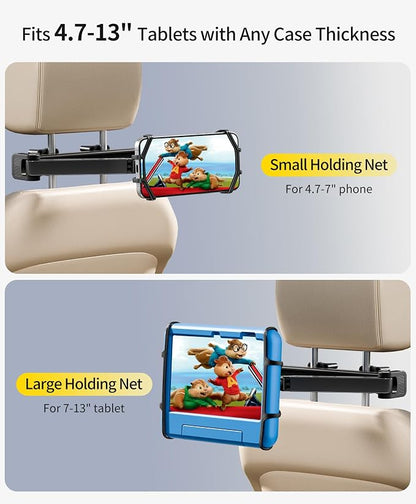 FANGOR Tablet Holder for Car - [3 in 1 Adjustable Extension Arm] Upgraded iPad Holder for car Backseat with Holding Net, Road Trip Essentials for Kids, for 4.7-13" iPad Pro, Air, Mini, Fire HD, Phone