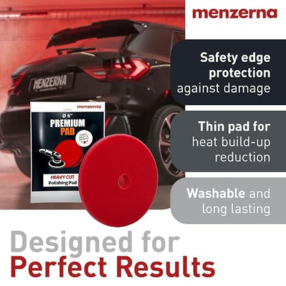 MENZERNA 6 Inch Polishing Pad Heavy Cut for Scratch Repair I Body Repair and Detailing Pads with Safety Edge & Velcro Attachment I Washable & Long Lasting I Thin Pad with Hole for Anti Heat Build-Up