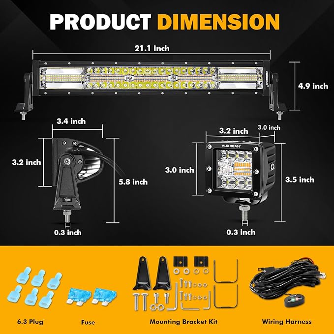 Auxbeam 22 Inch 120W LED Light Bar 2PCS 3 Inch 96W LED Pods, Amber White Fog Light 6 Modes Strobe Lights for Work Truck, Spot Flood Combo Off Road Driving Lights for Jeep ATV Utv Auto