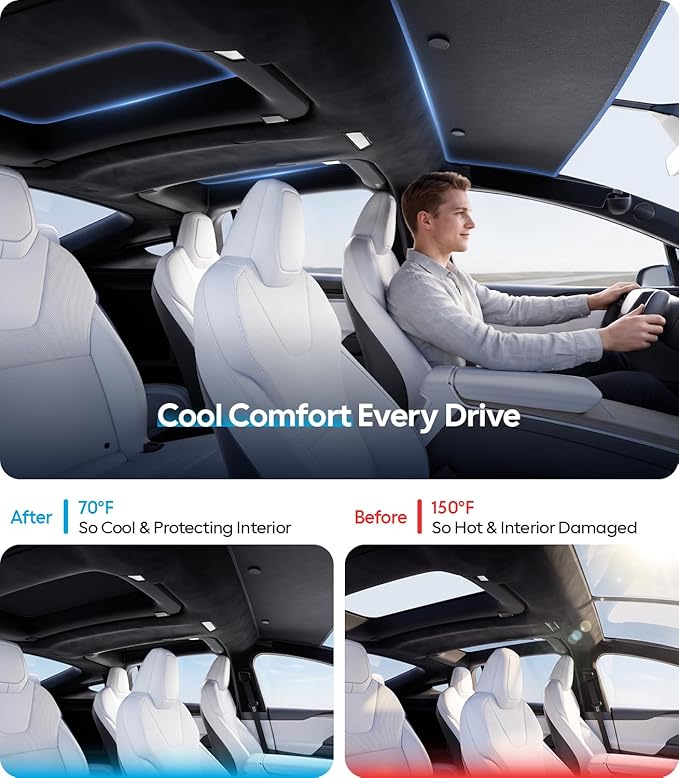 Wigoo Upgrade Tesla Model X Sunshade Roof [Never Sag, Nano Ice-Crystal Coatings] 3-Gen Heat Insulation Glass Roof Sun Shade, Accessories for Tesla Model X 2020~2025, Black