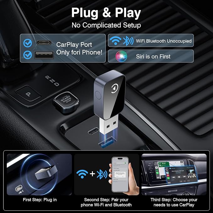2-in-1 Wireless CarPlay & Android Auto Adapter Bluetooth 5.3 5GHz Wi-Fi No Audio Lag Auto Connect One-Click Switch Convert Wired to Wireless Plug & Play for iOS 10+ Android 11+ with USB A & Type-C