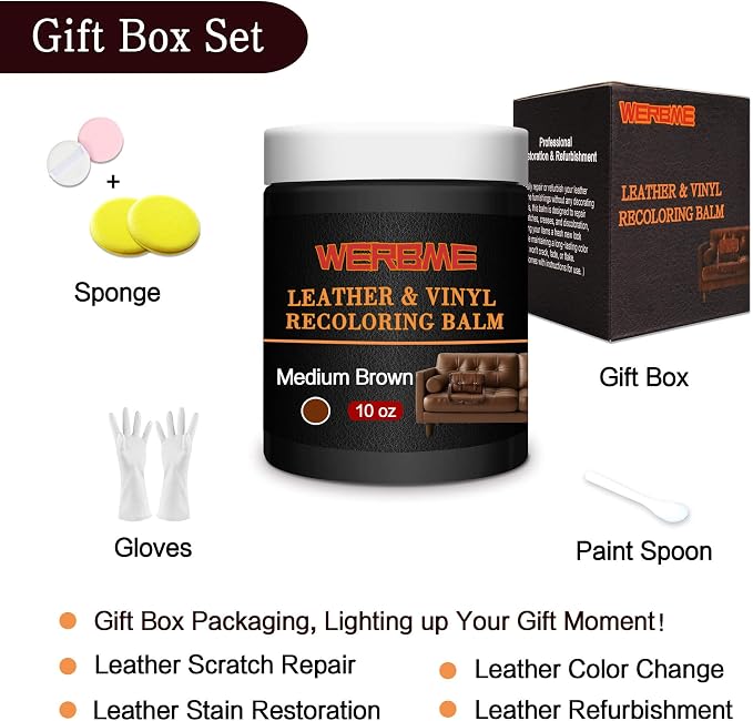 Leather Recoloring Balm & Color Restorer - 10OZ Multipurpose Dye & Paint for Faded Leather Couches, Car Seats, Shoes | Fix Scratches on Clothing, Furniture & Accessories(Medium Brown)