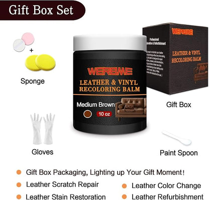 Leather Recoloring Balm & Color Restorer - 10OZ Multipurpose Dye & Paint for Faded Leather Couches, Car Seats, Shoes | Fix Scratches on Clothing, Furniture & Accessories(Medium Brown)