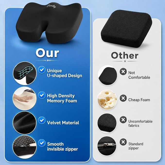 2 Pack Seat Cushion for Office Chairs - Memory Foam Cushions Non-Slip for Car Airplane Travel Driving - Butt Pillow Support for Sciatica and Tailbone Pain Relief, Long Time Sitting