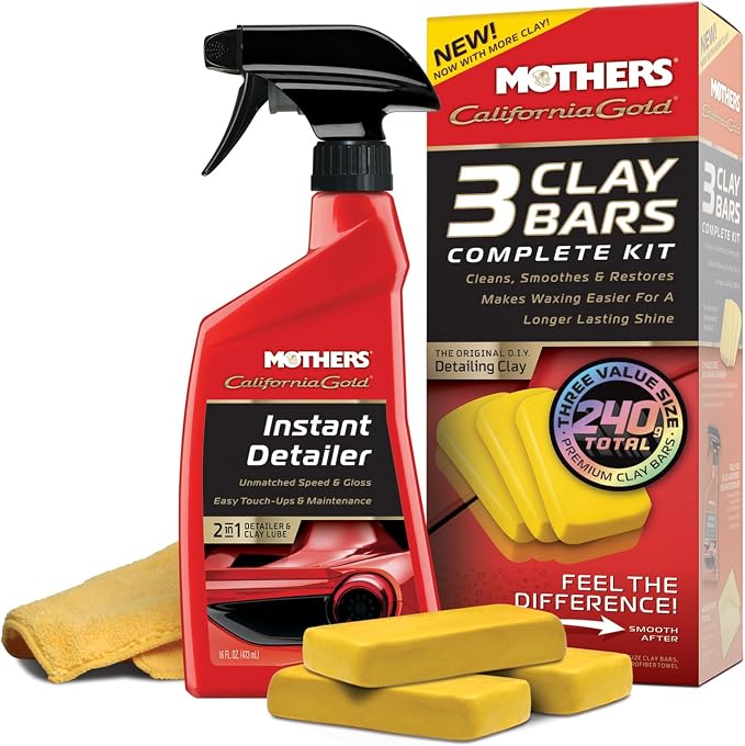Mothers California Gold 3 Clay Bar Complete Kit, 3 80-gram Clay Bars + 16 oz. Instant Detailer + Microfiber Towel — Removes Contaminants, Restores Brilliance & Smoothness of Paint (07240)